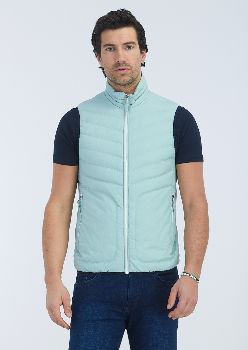 Mint Regular Fit Turtleneck Casual Weaving Puffer Vest 
