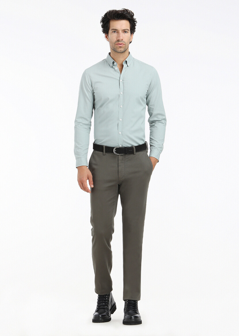 Mint Ribbed Regular Fit Long Weaving Casual 100% Cotton Shirt - 1