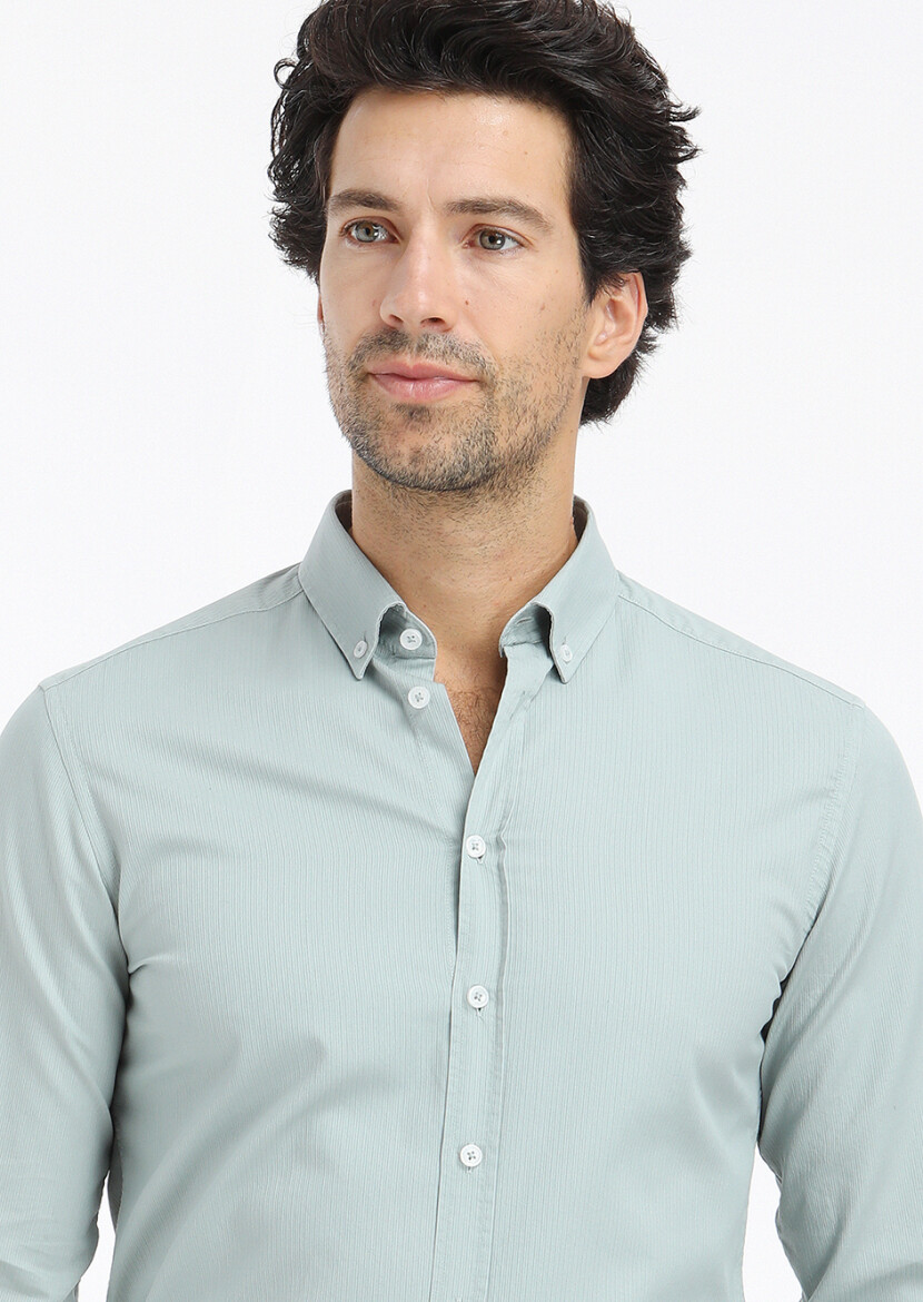 Mint Ribbed Regular Fit Long Weaving Casual 100% Cotton Shirt 