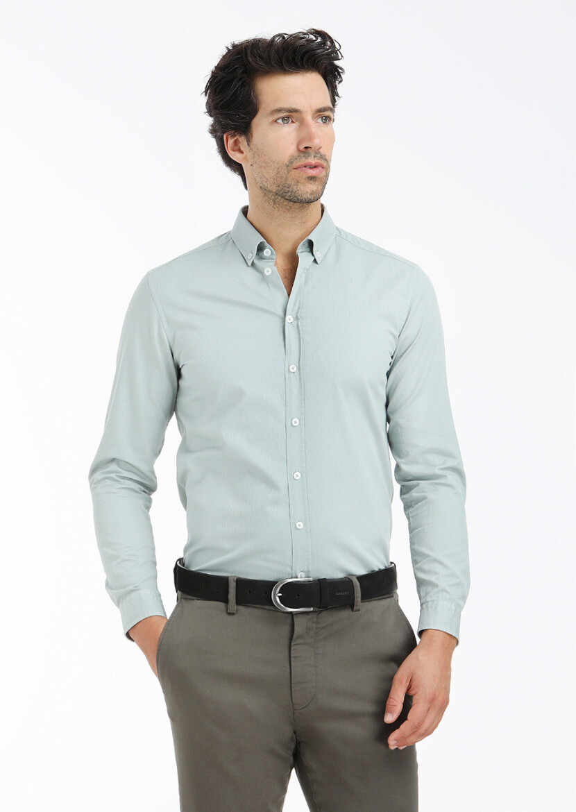 Mint Ribbed Regular Fit Long Weaving Casual 100% Cotton Shirt - 3