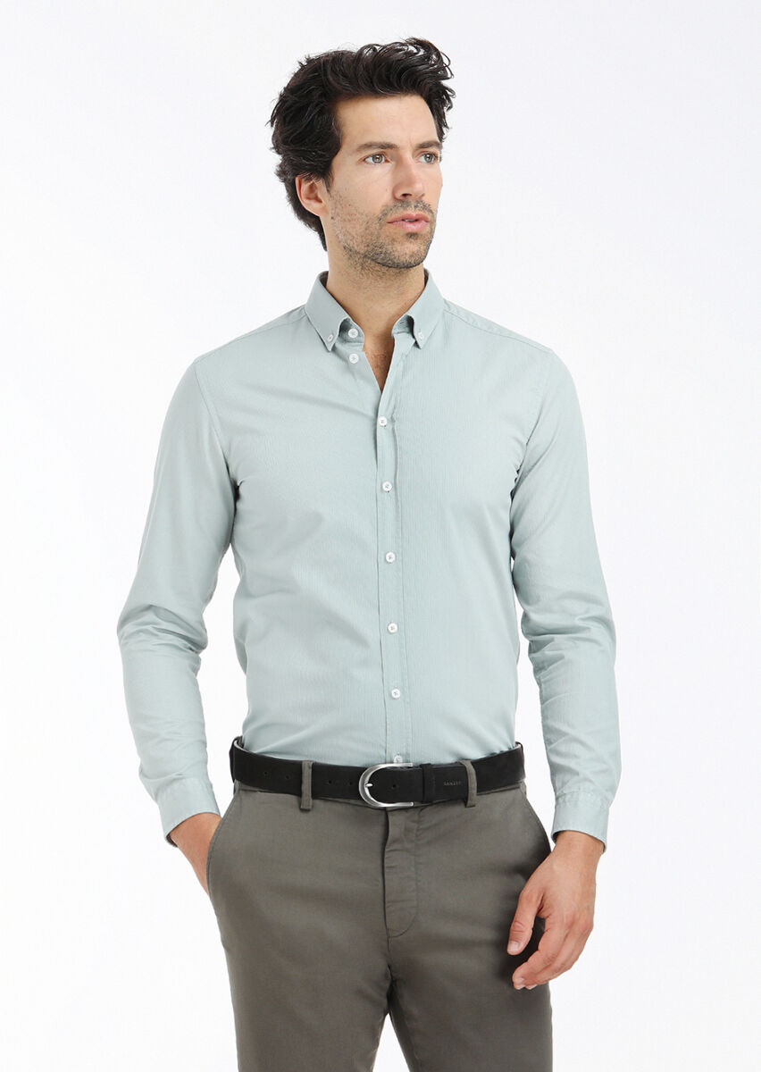 Mint Ribbed Regular Fit Long Weaving Casual 100% Cotton Shirt - 3