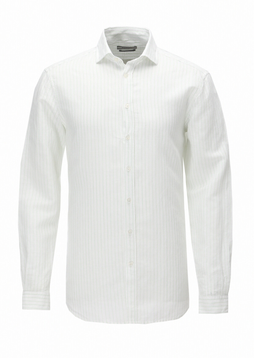 Mint Striped Regular Fit Long Weaving Casual Cotton Blended Shirt 