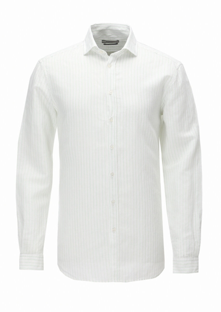 Mint Striped Regular Fit Long Weaving Casual Cotton Blended Shirt - 1