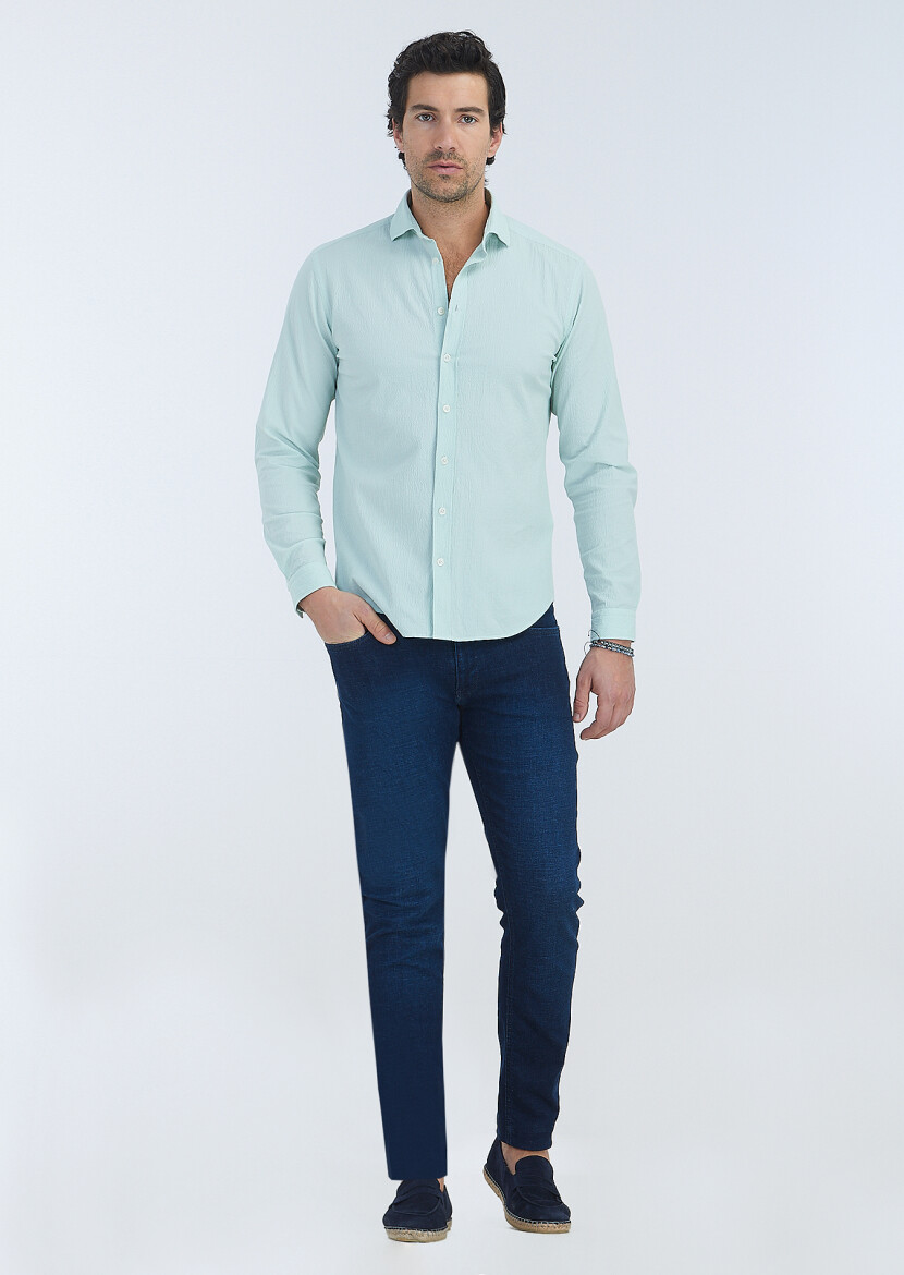 Mint Striped Regular Fit Long Weaving Casual Cotton Blended Shirt - 1