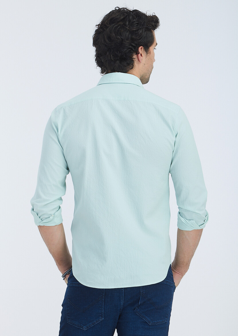 Mint Striped Regular Fit Long Weaving Casual Cotton Blended Shirt - 4