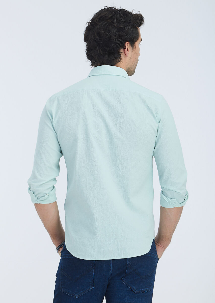 Mint Striped Regular Fit Long Weaving Casual Cotton Blended Shirt - 4