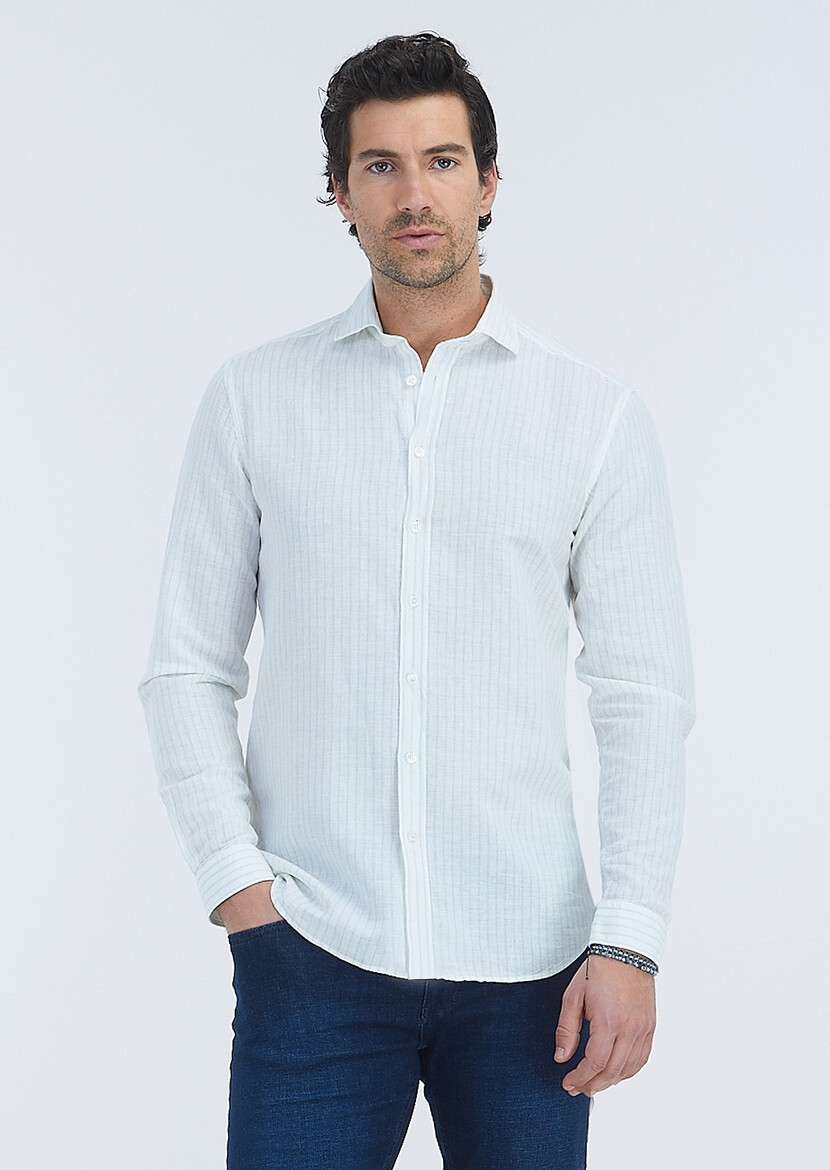 Mint Striped Regular Fit Weaving Casual Cotton Blended Shirt - 2