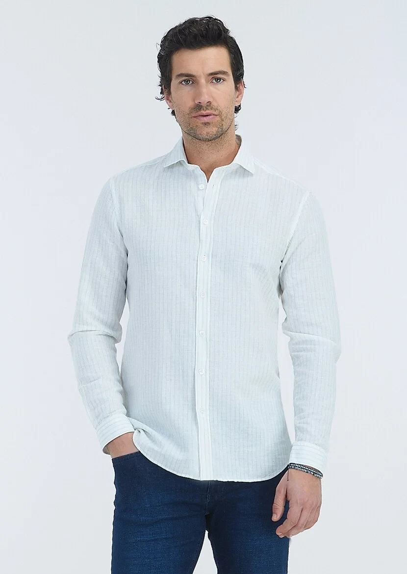 Mint Striped Regular Fit Weaving Casual Cotton Blended Shirt 