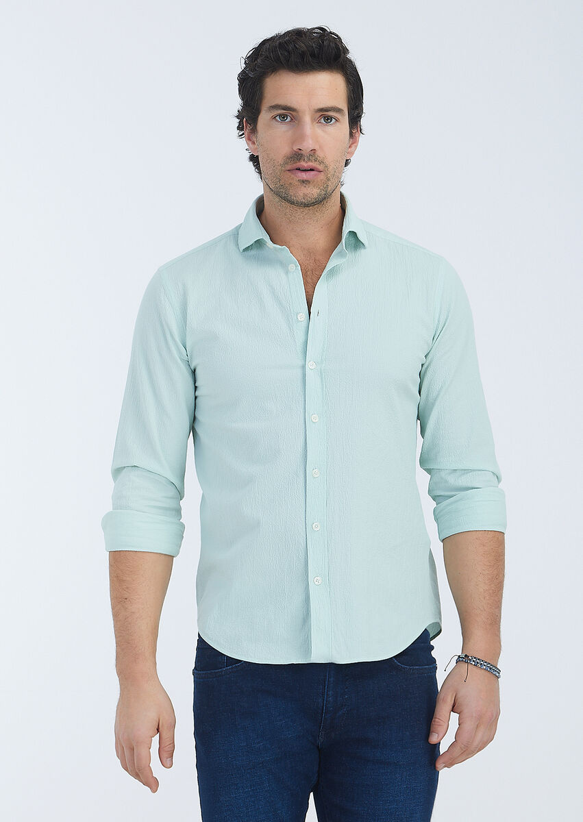 Mint Striped Regular Fit Weaving Casual Cotton Blended Shirt - 2