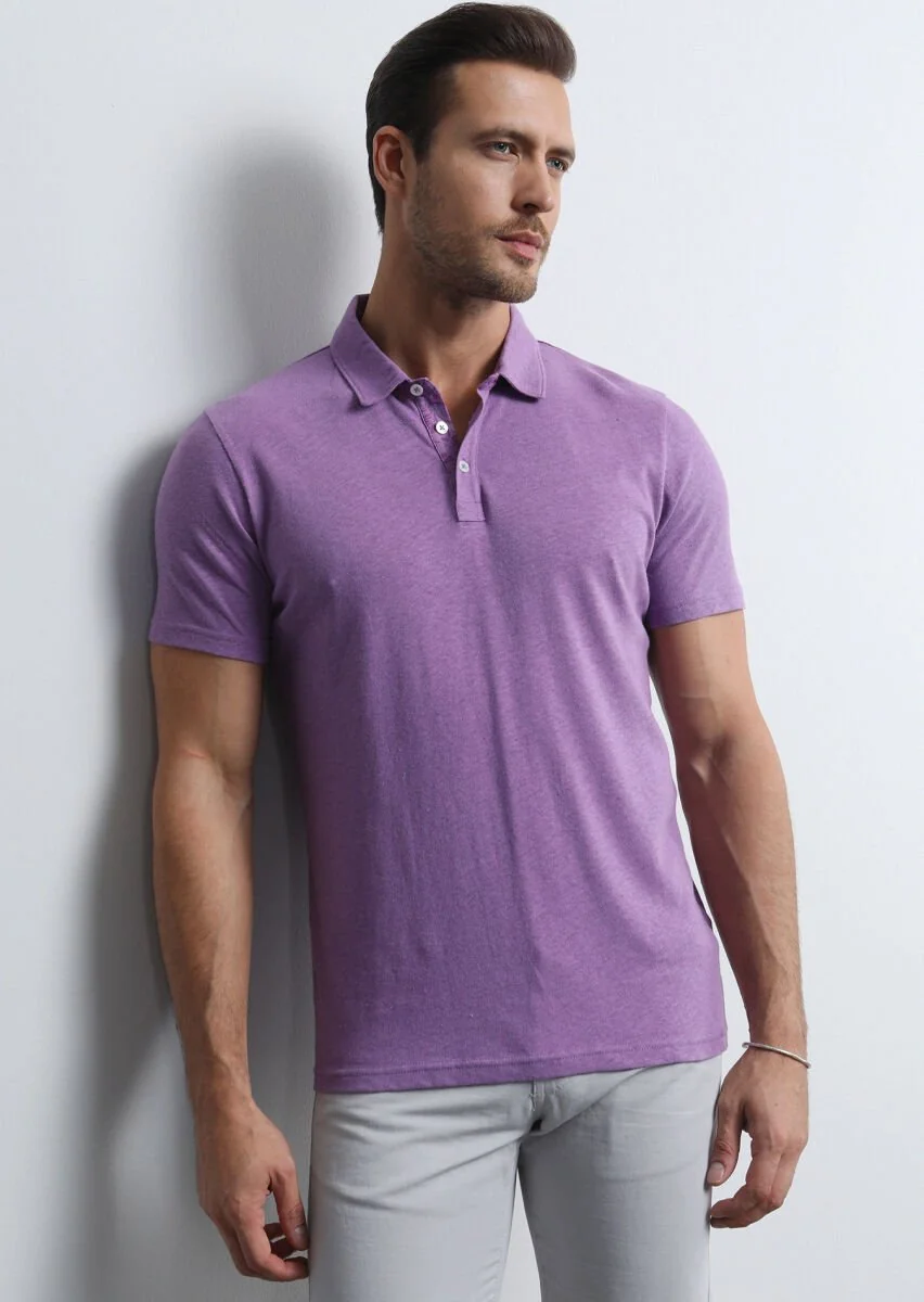Mor Baskılı Polo Yaka Pamuk Karışımlı T-Shirt - 2
