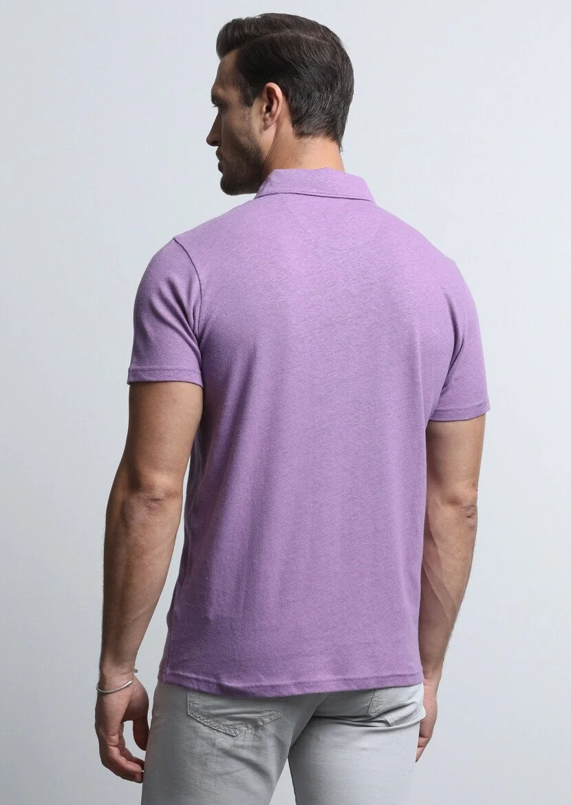 Mor Baskılı Polo Yaka Pamuk Karışımlı T-Shirt - 5