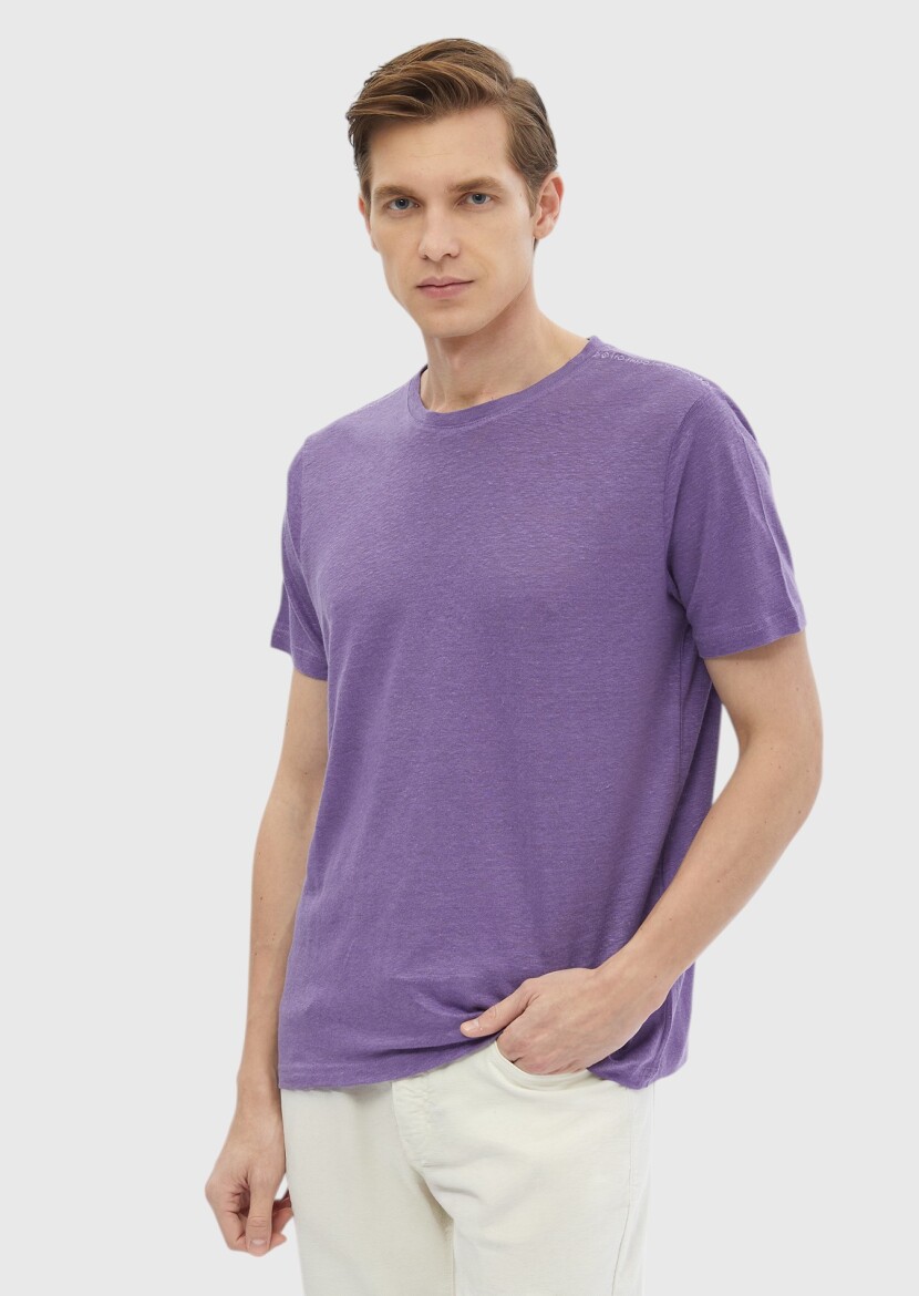Mor Düz Bisiklet Yaka %100 Keten T-Shirt - 1