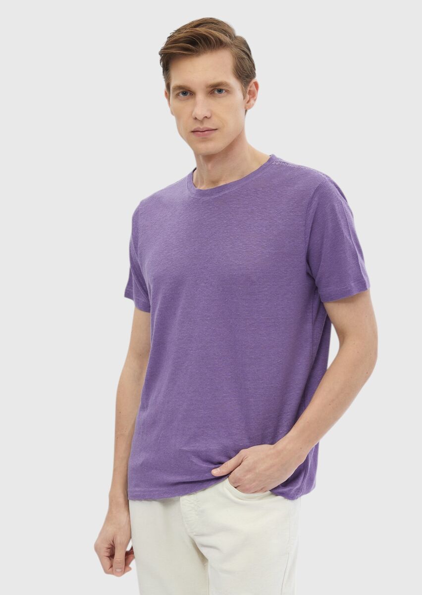Mor Düz Bisiklet Yaka %100 Keten T-Shirt - 1