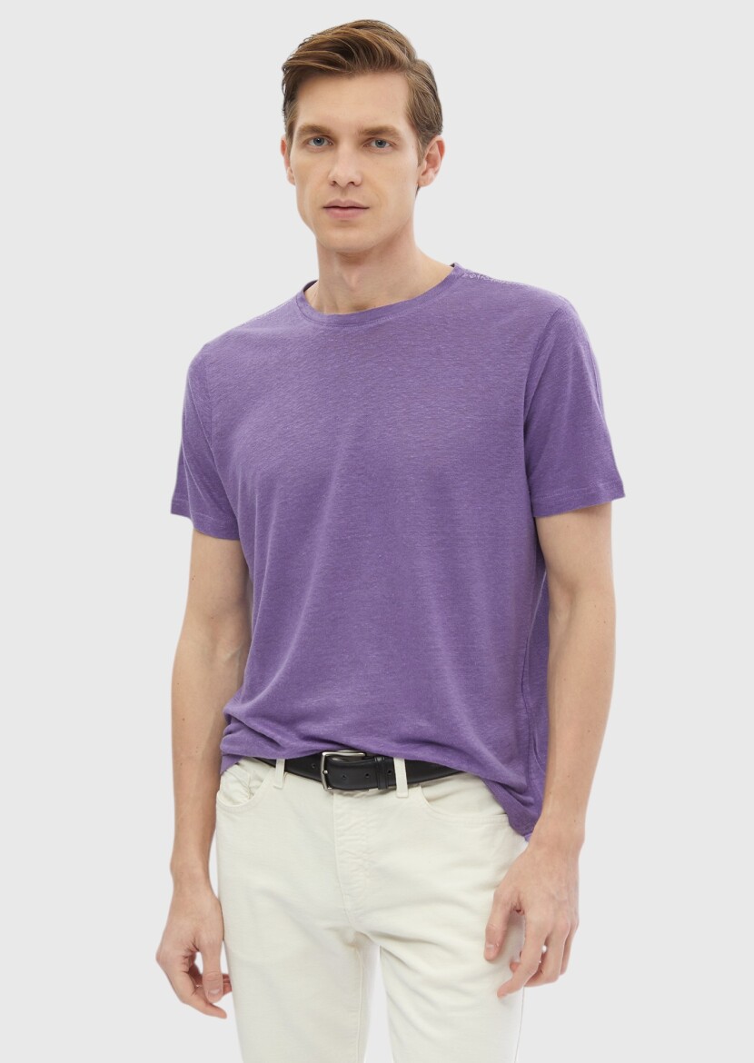 Mor Düz Bisiklet Yaka %100 Keten T-Shirt - 3