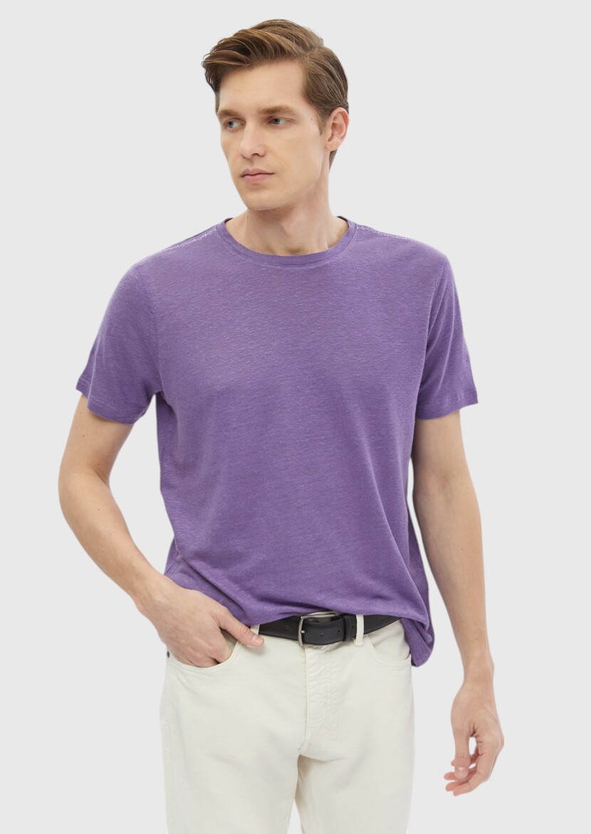Mor Düz Bisiklet Yaka %100 Keten T-Shirt - 4