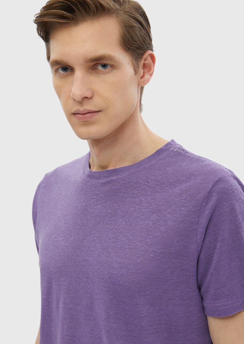 Mor Düz Bisiklet Yaka %100 Keten T-Shirt - 5