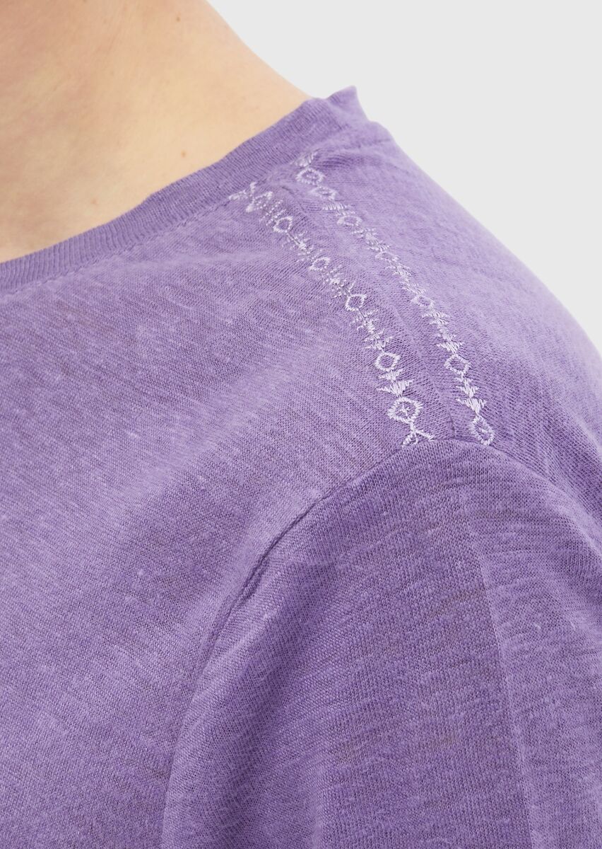 Mor Düz Bisiklet Yaka %100 Keten T-Shirt - 6