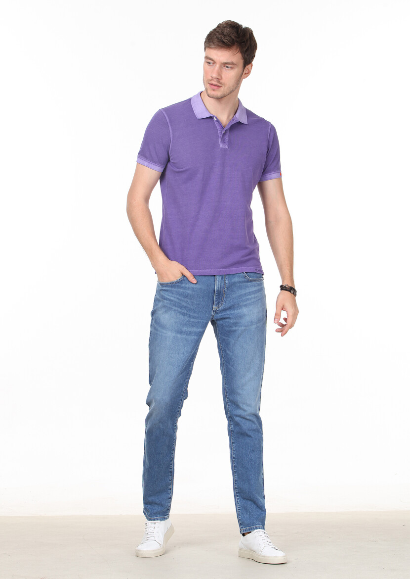 Mor Düz Polo Yaka %100 Pamuk T-Shirt - 3