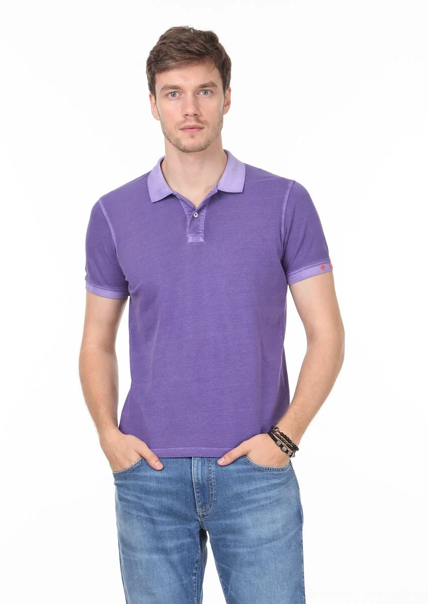 Mor Düz Polo Yaka %100 Pamuk T-Shirt - 1