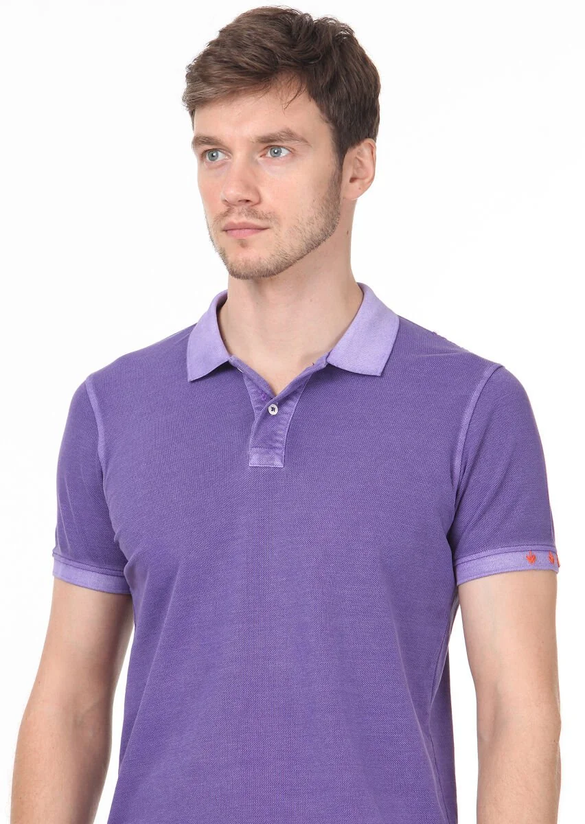 Mor Düz Polo Yaka %100 Pamuk T-Shirt - 2