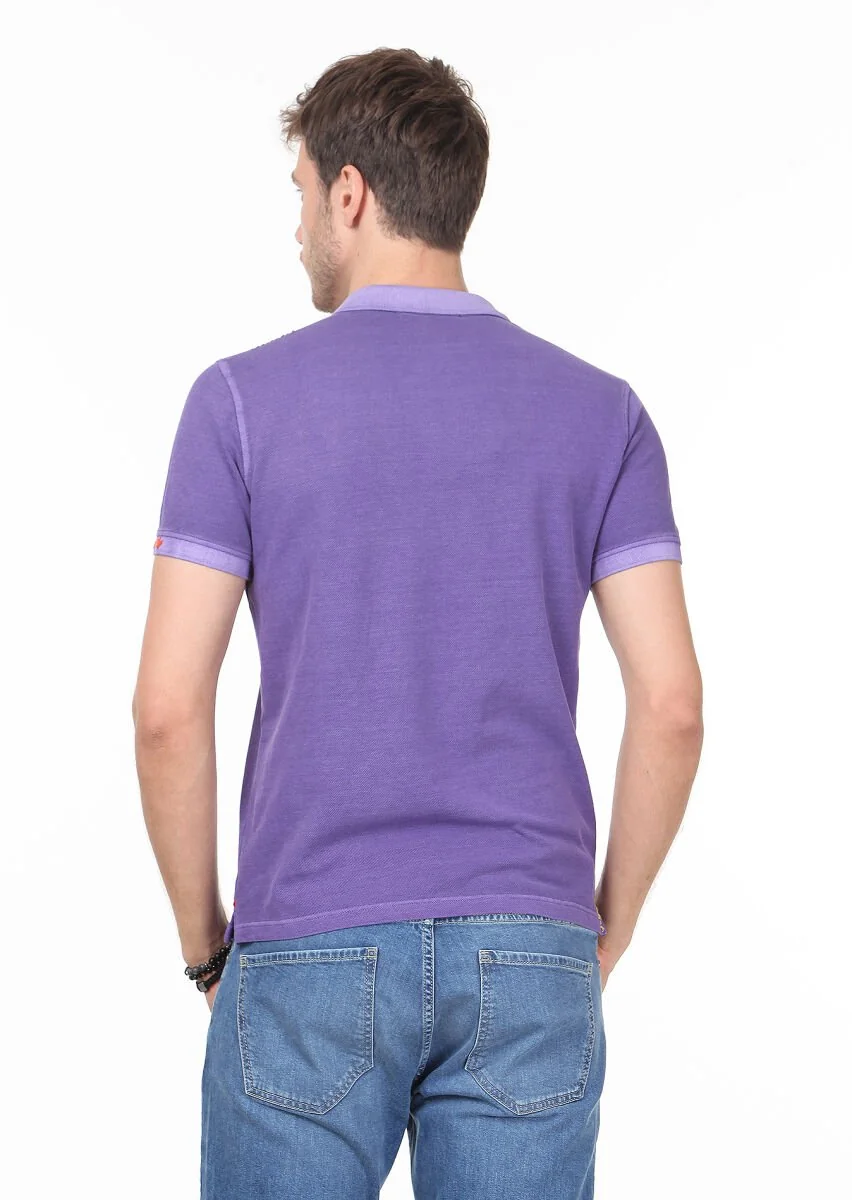 Mor Düz Polo Yaka %100 Pamuk T-Shirt - 4