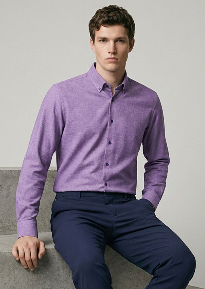 Mor Düz Regular Fit Uzun Dokuma Casual %100 Pamuk Gömlek 
