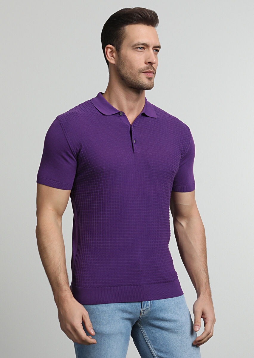 Mor Polo Yaka Jakarlı %100 Pamuk Triko - 2