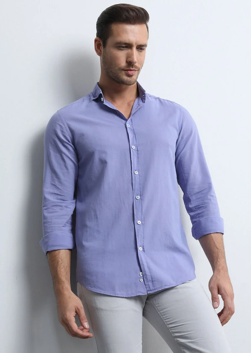 Mor Regular Fit Dokuma Denim %100 Pamuk Gömlek - 1