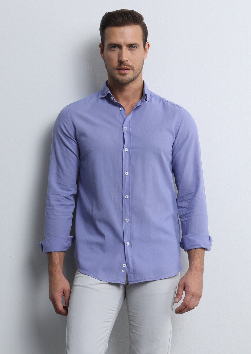 Mor Regular Fit Dokuma Denim %100 Pamuk Gömlek - 3