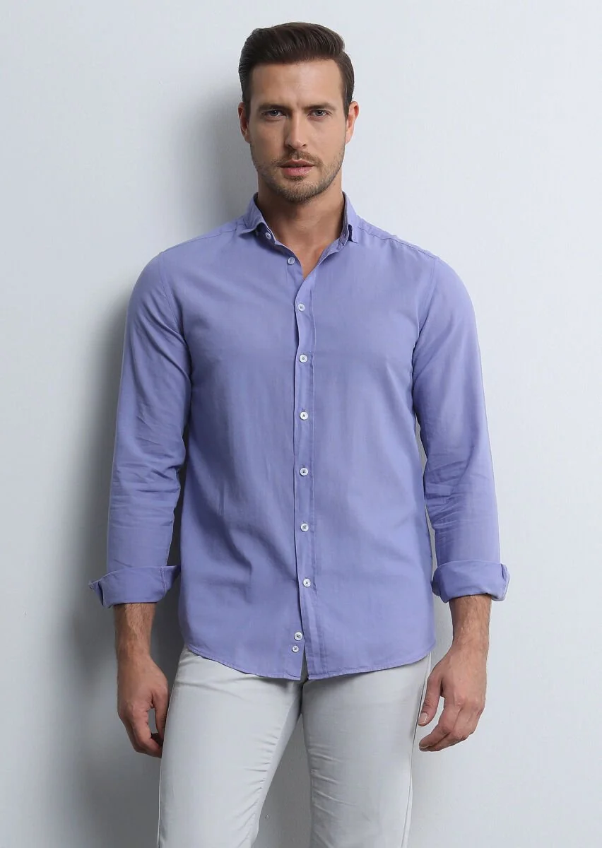 Mor Regular Fit Dokuma Denim %100 Pamuk Gömlek - 3