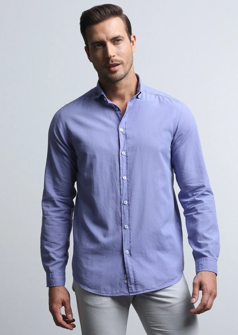 Mor Regular Fit Dokuma Denim %100 Pamuk Gömlek - 4
