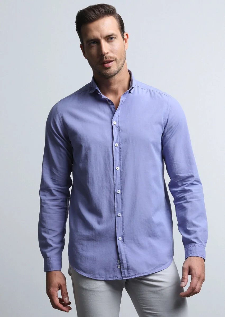 Mor Regular Fit Dokuma Denim %100 Pamuk Gömlek - 4