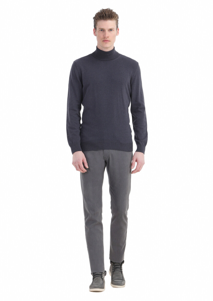 Mor Tam Balıkçı Yaka Jakarlı Yün Karışımlı Triko Kazak 