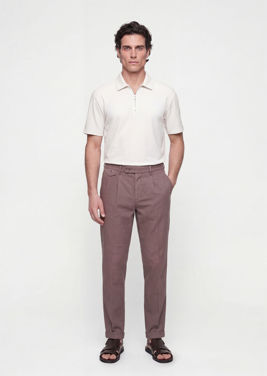 Mürdüm Düz Dokuma Relaxed Fit Casual Pamuk Karışımlı Pantolon - 3