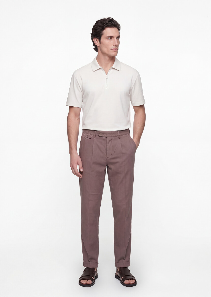 Mürdüm Düz Dokuma Relaxed Fit Casual Pamuk Karışımlı Pantolon - 1