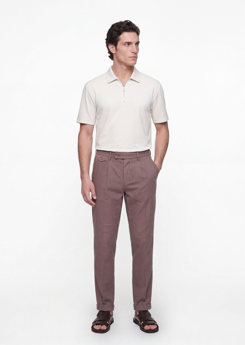 Mürdüm Düz Dokuma Relaxed Fit Casual Pamuk Karışımlı Pantolon - 1