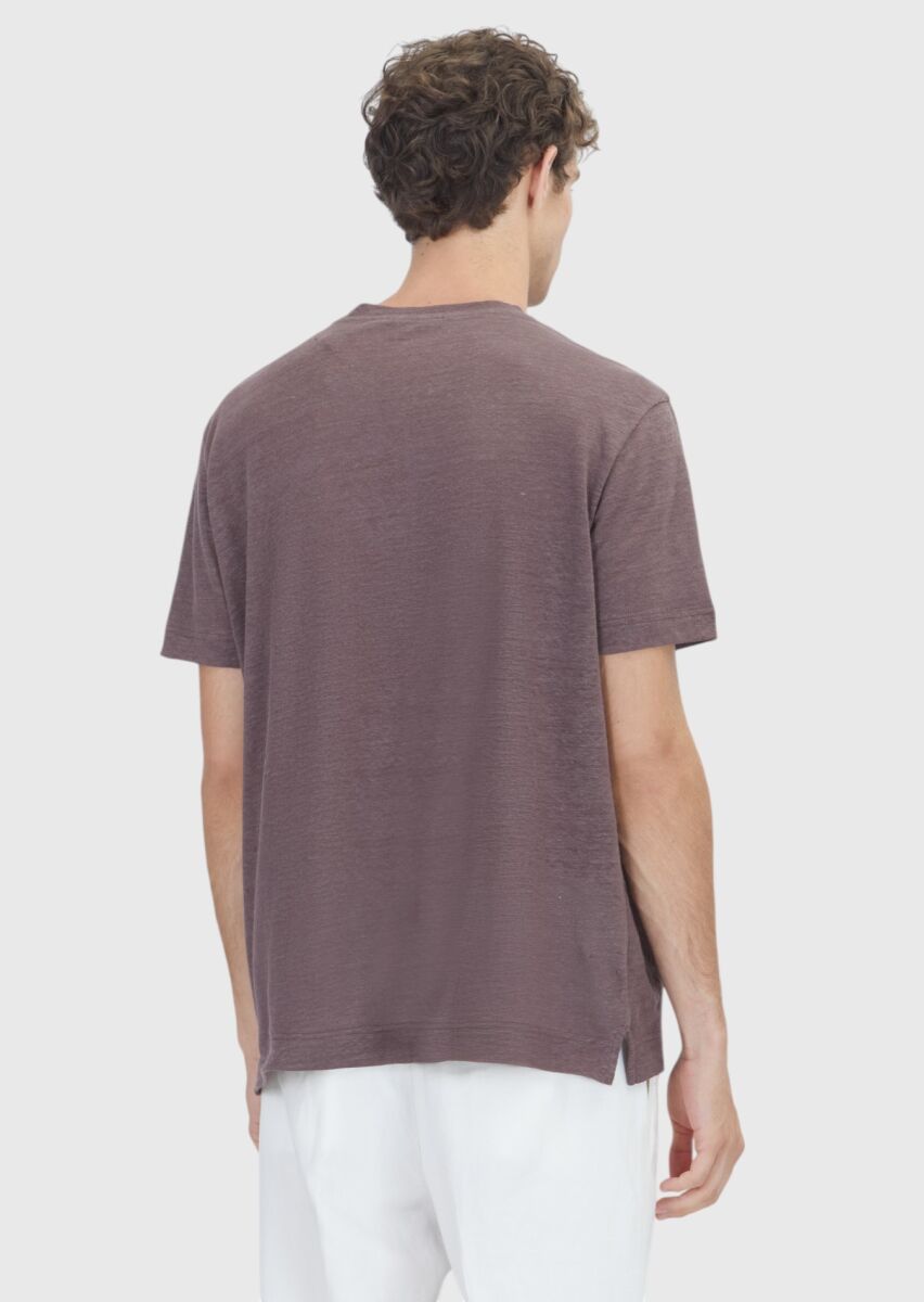 Mürdüm Düz %100 Keten T-Shirt - 4