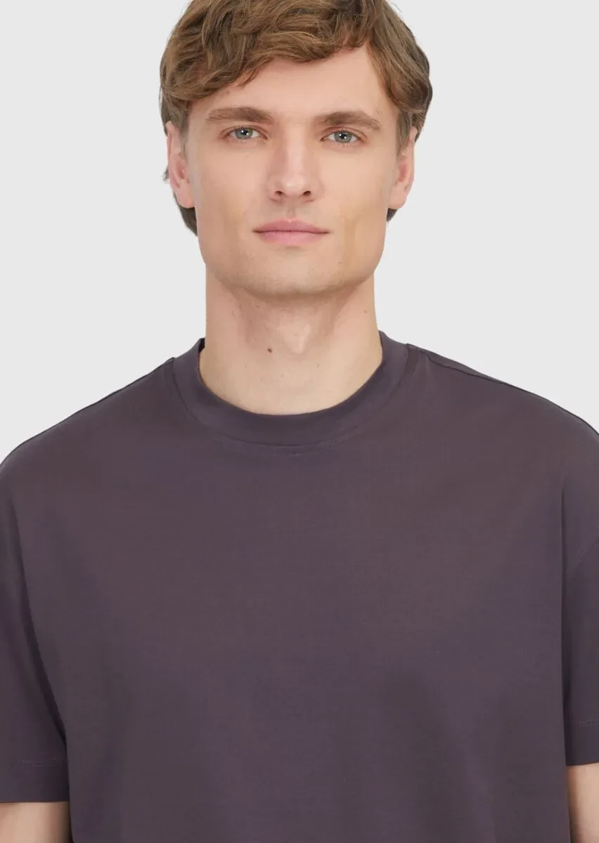 Mürdüm Düz Bisiklet Yaka %100 Pamuk T-Shirt - 3