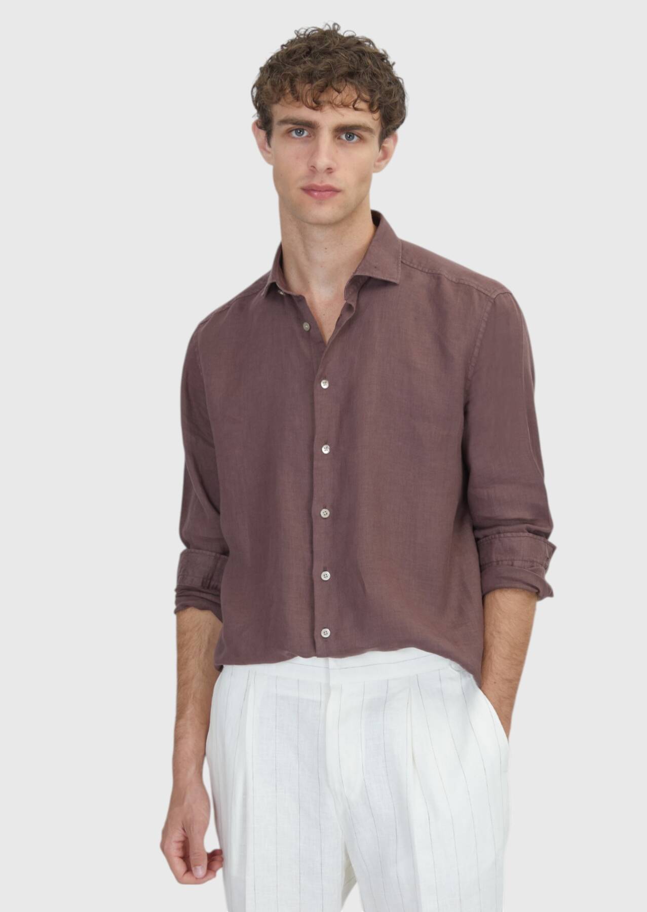 Mürdüm Düz Casual Fit Uzun Dokuma Casual %100 Keten Gömlek