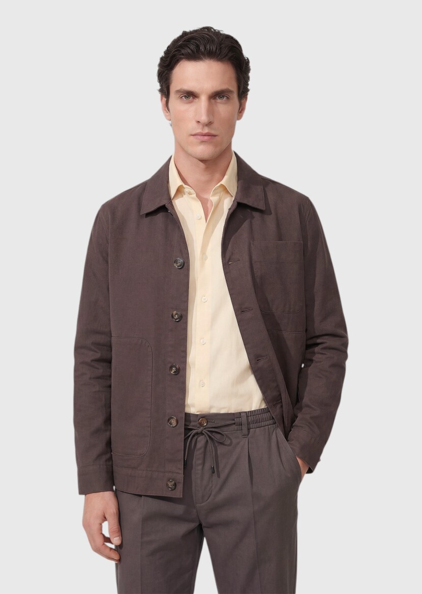 Mürdüm Düz Casual Fit Uzun Dokuma Pamuk Karışımlı Overshırt - 3