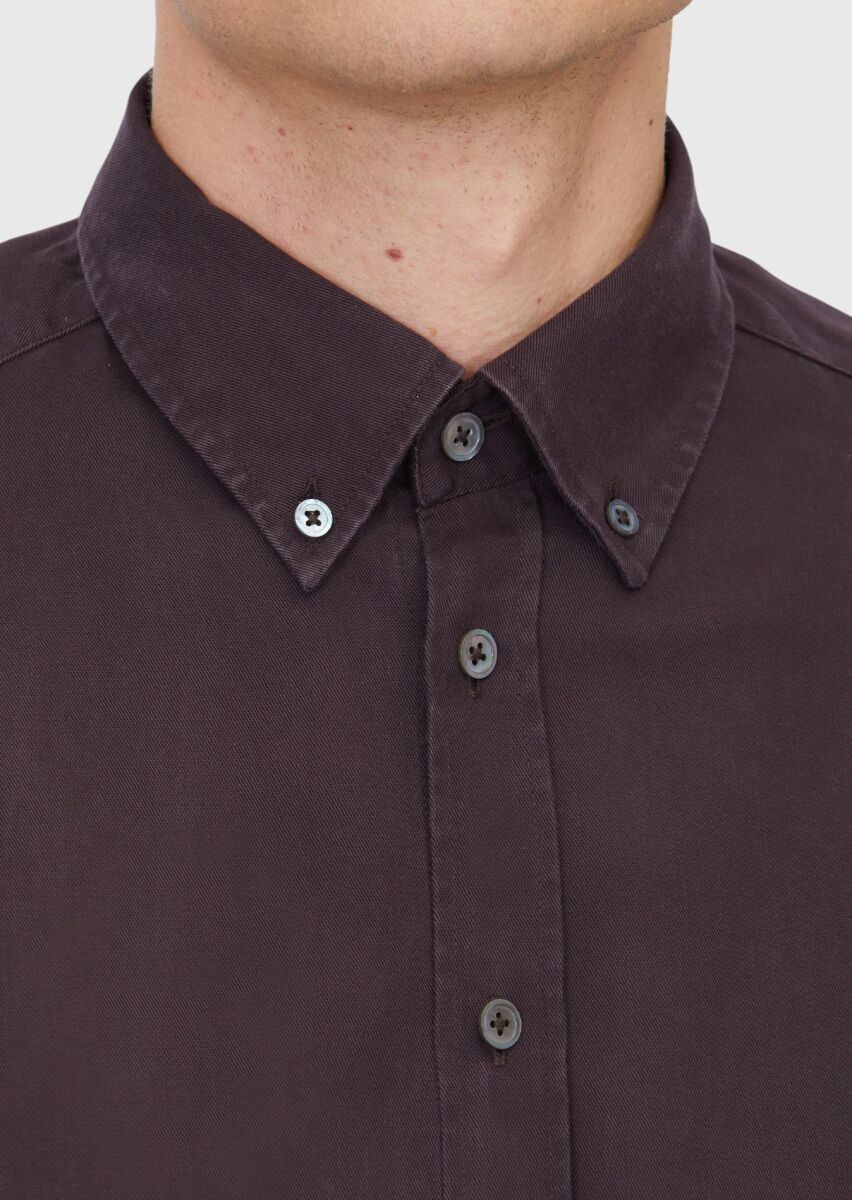 Mürdüm Düz Dokuma Casual Gömlek - 5