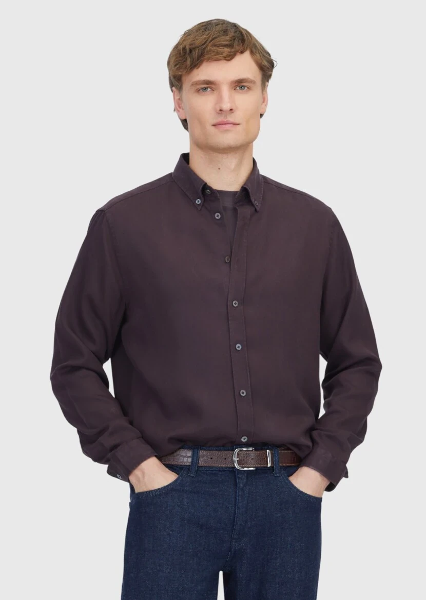Mürdüm Düz Dokuma Casual Gömlek - 1