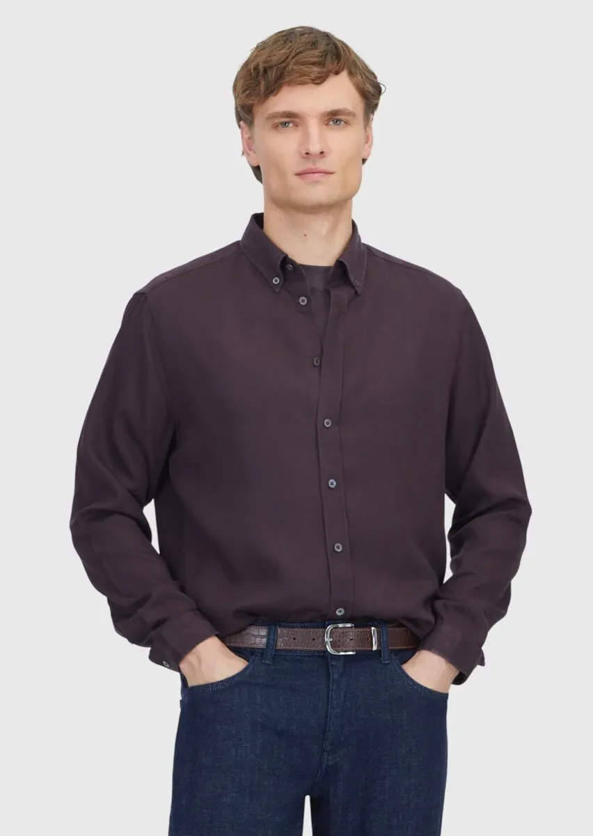 Mürdüm Düz Dokuma Casual Gömlek - 1