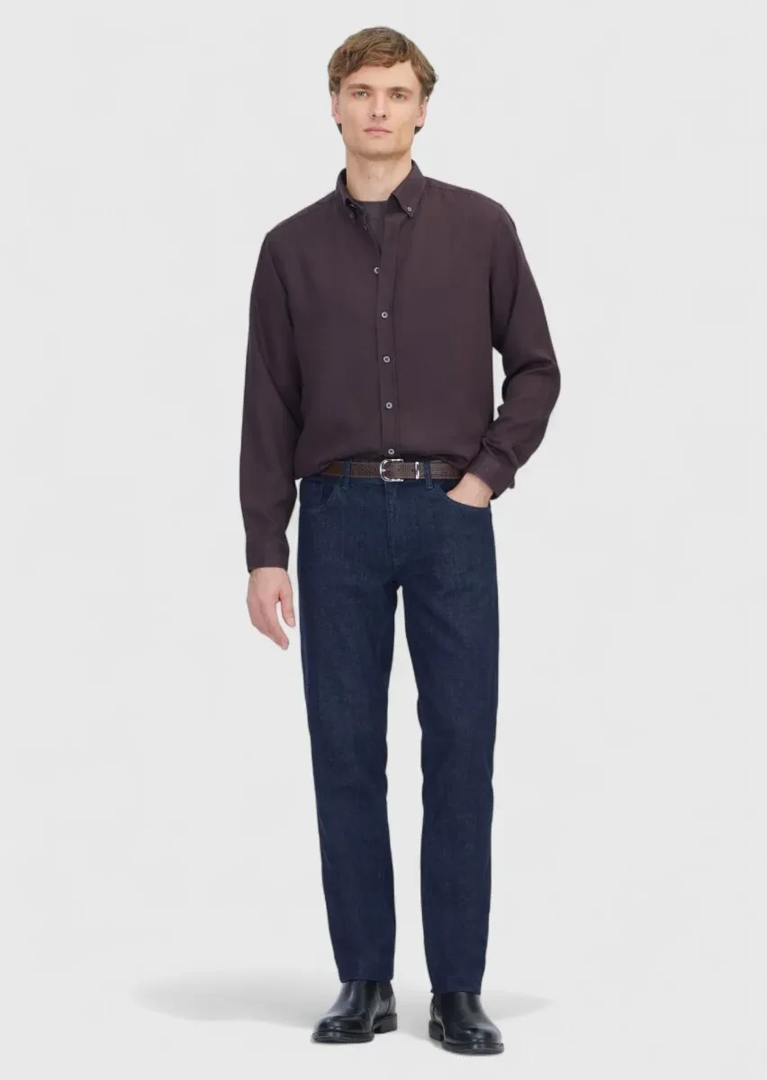 Mürdüm Düz Dokuma Casual Gömlek - 2