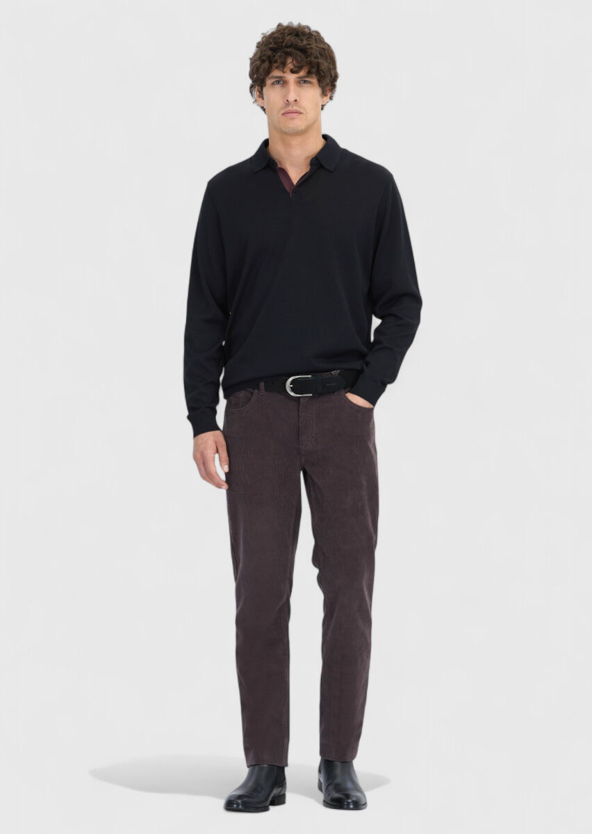 Mürdüm Düz Dokuma Slim Fit Kadife Casual Pamuk Karışımlı Pantolon - 1