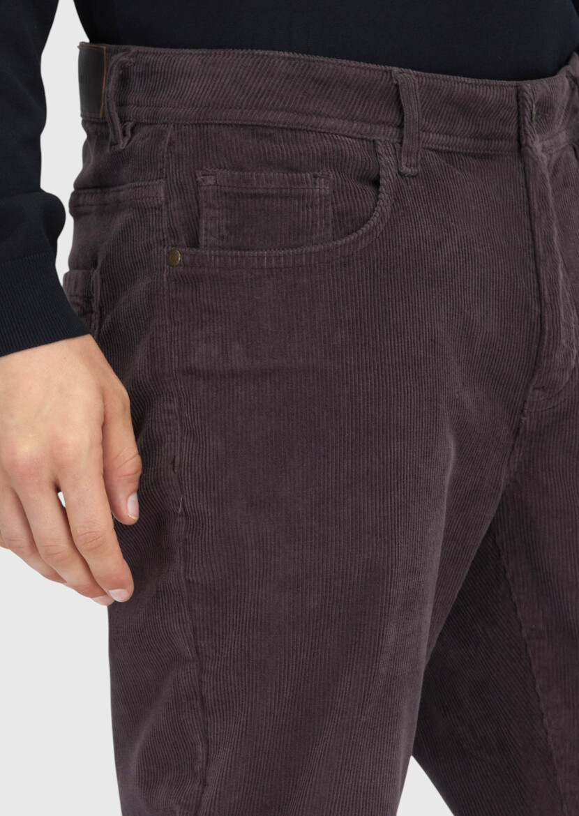 Mürdüm Düz Dokuma Slim Fit Kadife Casual Pamuk Karışımlı Pantolon - 3