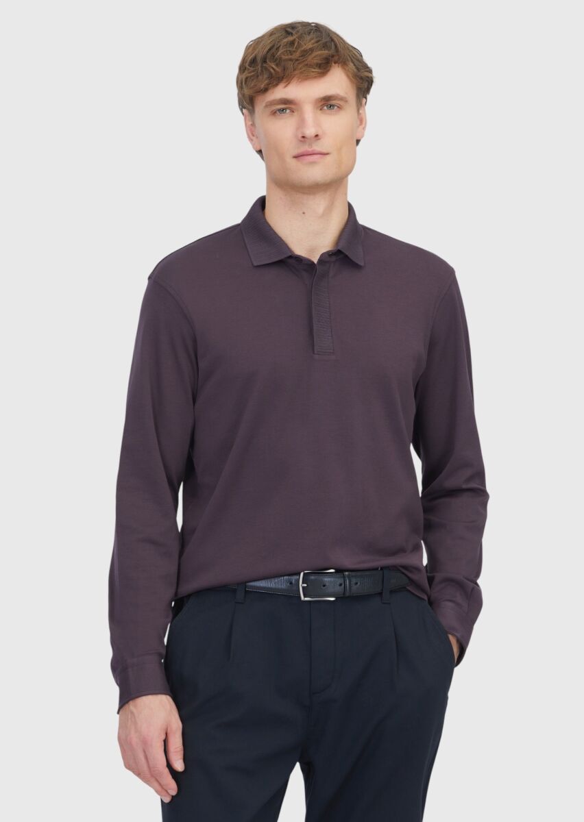 Mürdüm Düz Polo Yaka %100 Pamuk T-Shirt - 1