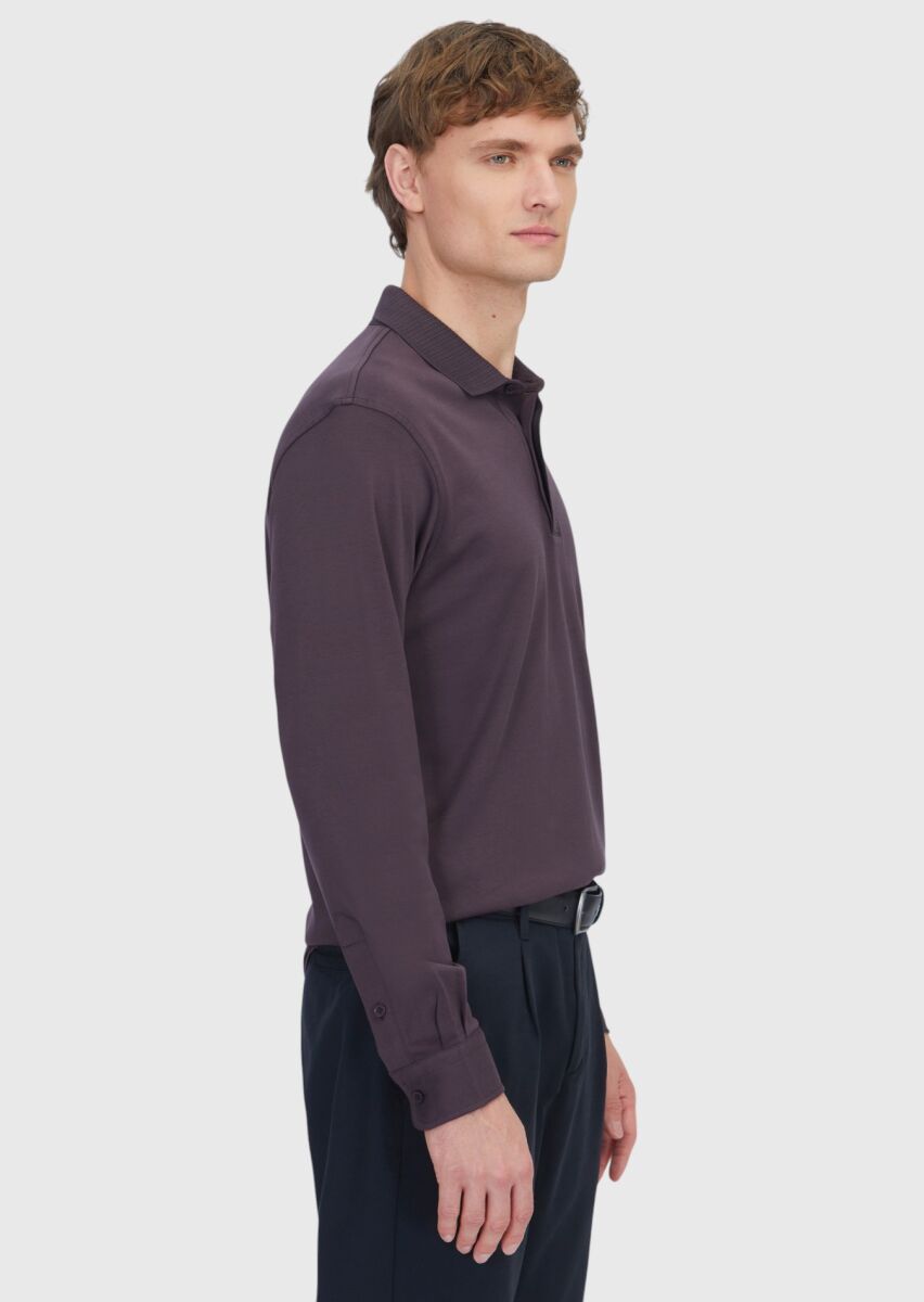 Mürdüm Düz Polo Yaka %100 Pamuk T-Shirt - 3