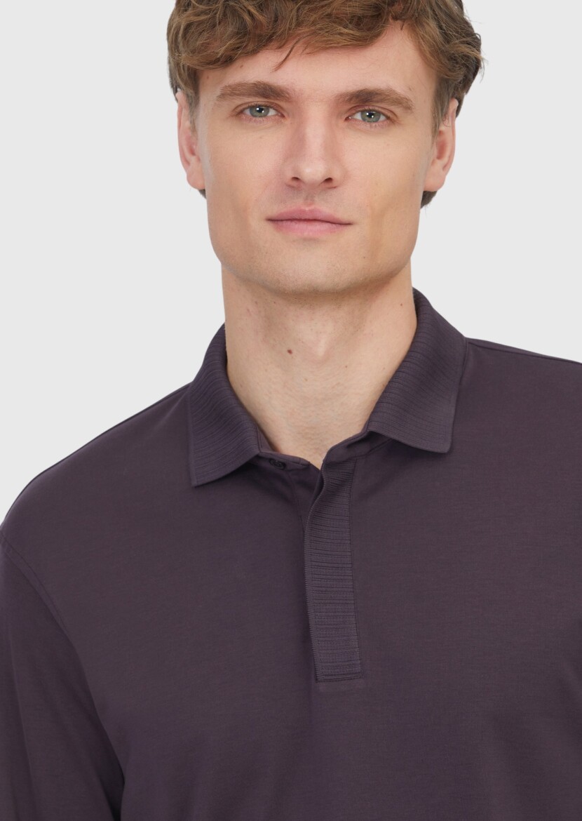 Mürdüm Düz Polo Yaka %100 Pamuk T-Shirt - 4