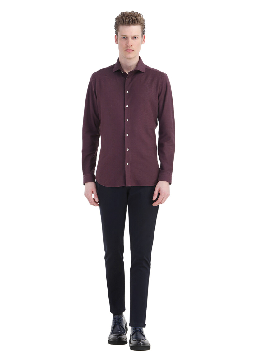 Mürdüm Düz Slim Fit Uzun Casual %100 Pamuk Gömlek - 2
